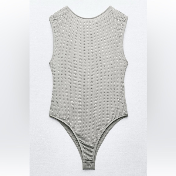 Gray  rhinestones Textured Sleeveless Bodysuit - Picture 1 of 4